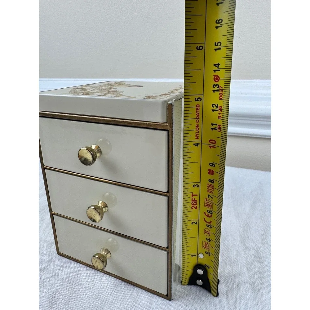 Vintage Otagiri Lacquerware Asian Bird Jewelry Box 3 Drawer‎ Mirror Cream Mini